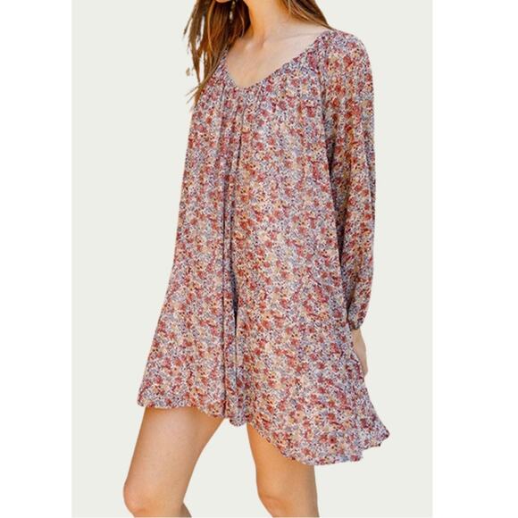 Storia Women's Georgette Boho Ditsy Floral Mini Dress Medium Brown Taupe - Picture 4 of 15